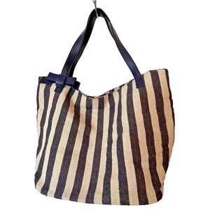 The Limited Large Navy & Ivory Striped Canvas Bow Shoulder Tote Handbag